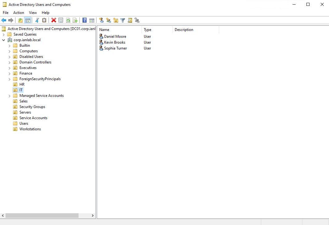 Active Directory Users and Computers showing department OUs and security groups