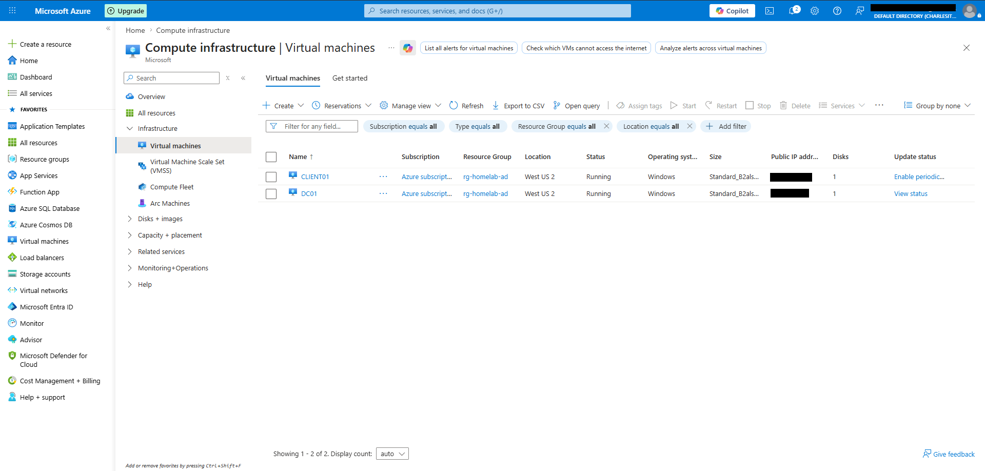 Azure virtual machines used for the hybrid identity lab