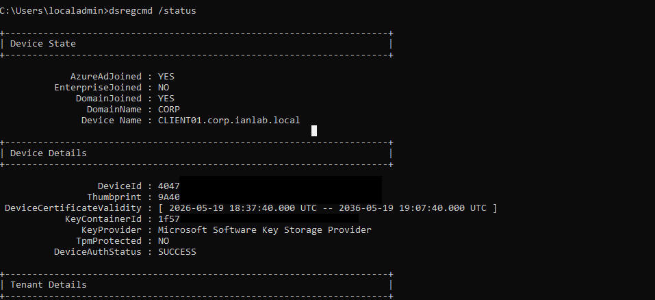 dsregcmd status output showing successful hybrid join validation