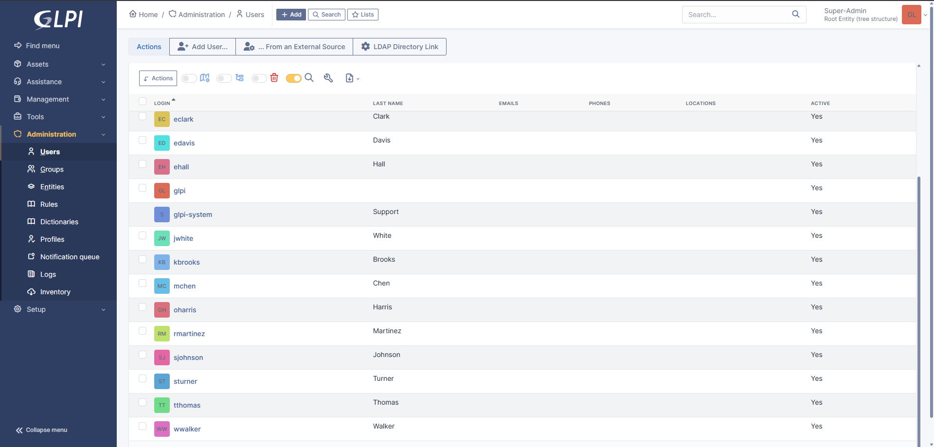 GLPI showing imported LDAP users from Active Directory