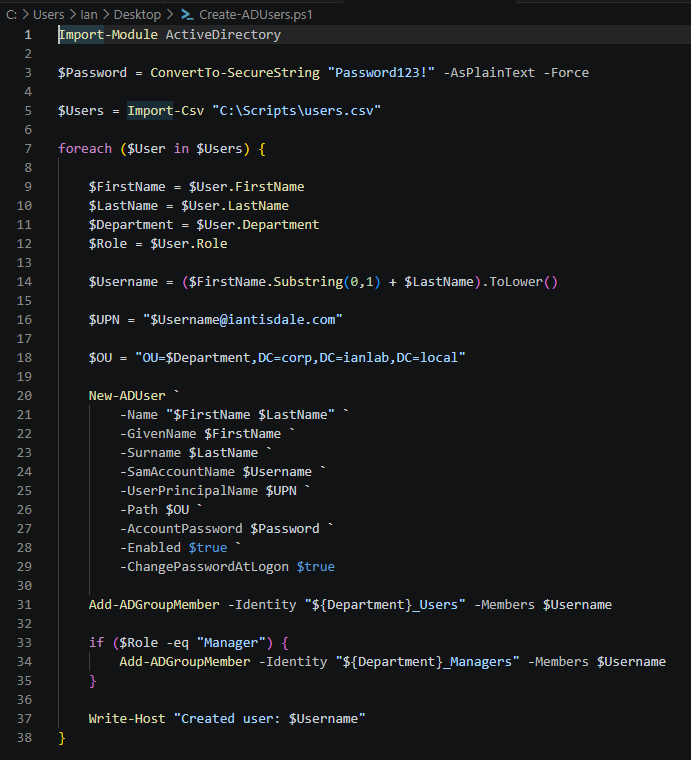 PowerShell script used to automate Active Directory user provisioning